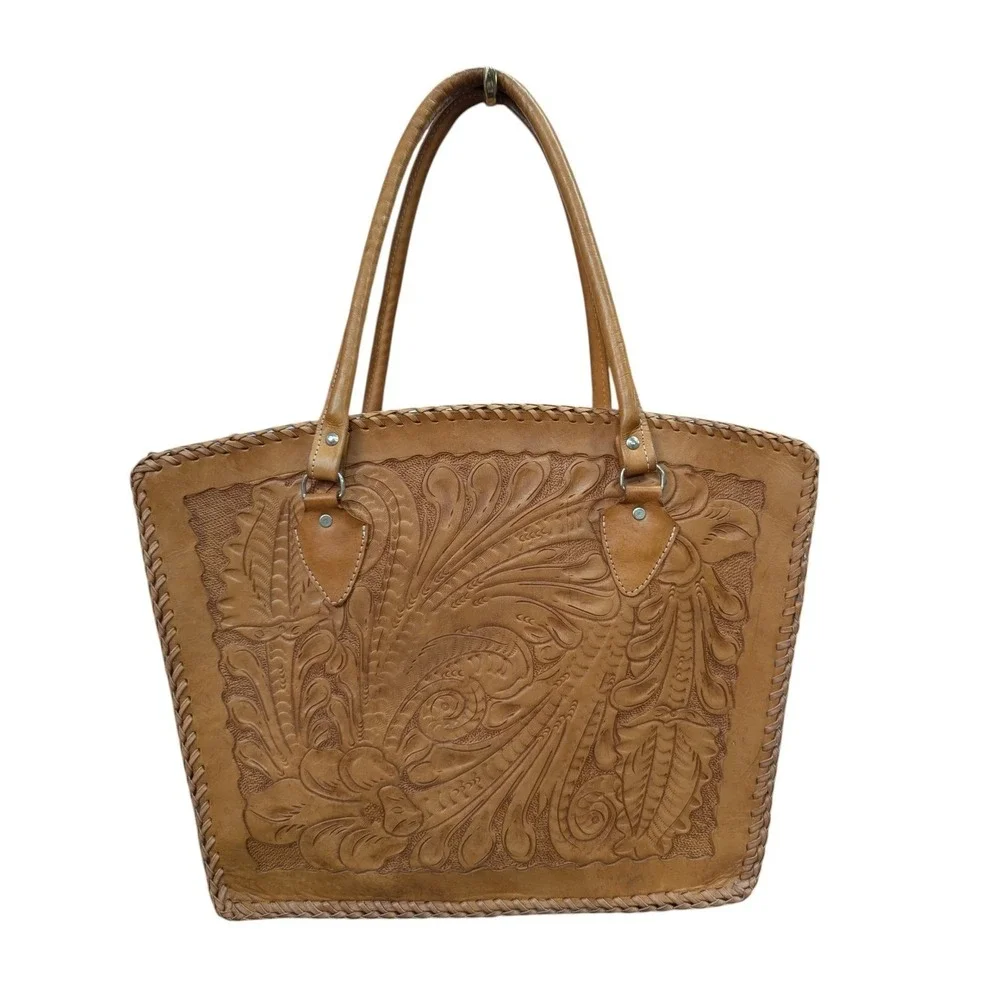 Womens Leather Natural‎ Grain Tote Handbag Embossed Tooled Zip Top 16